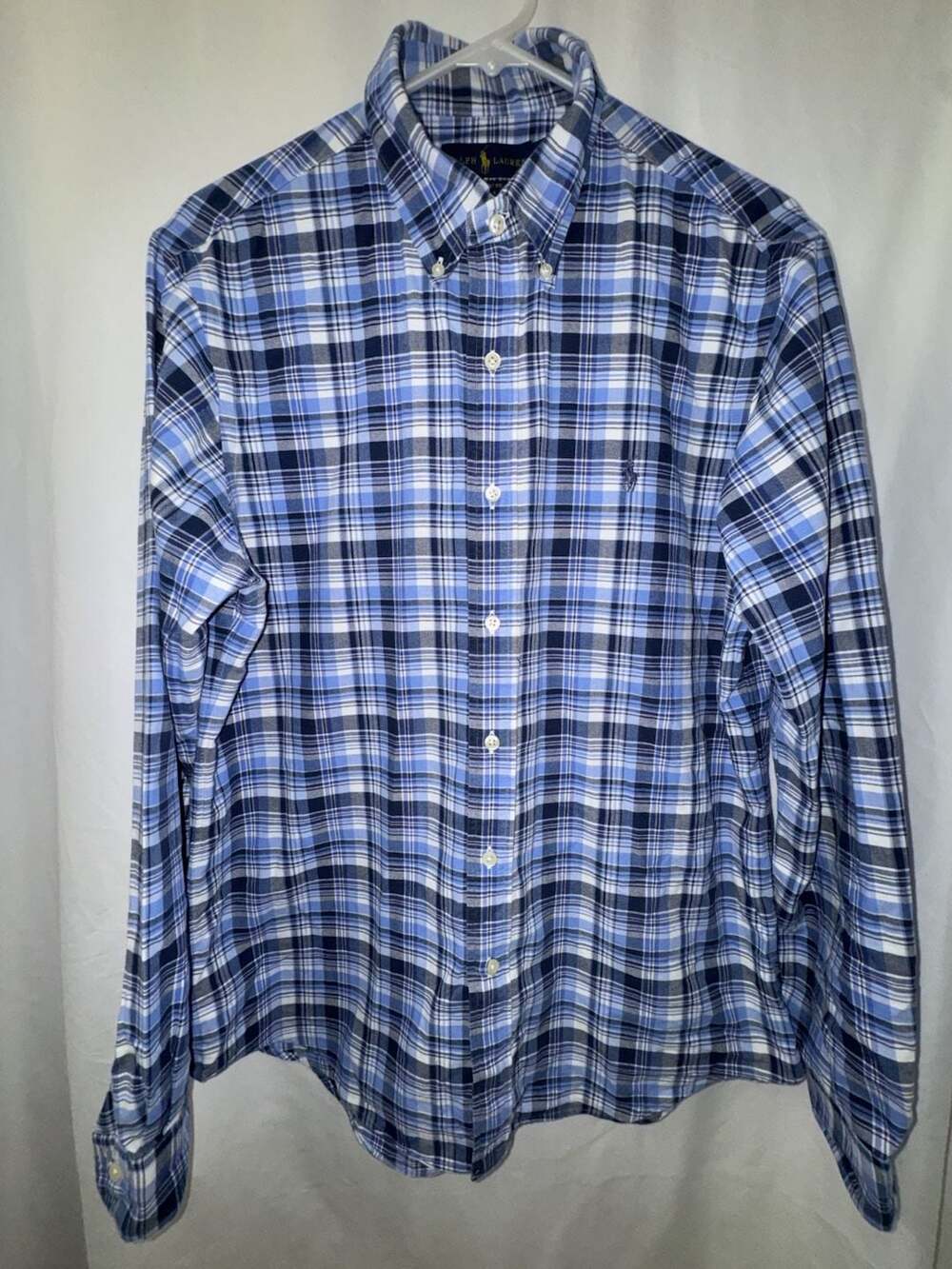 Ralph Lauren Classic Fit Blue and White Plaid Long Sleeve Button-Down Shirt